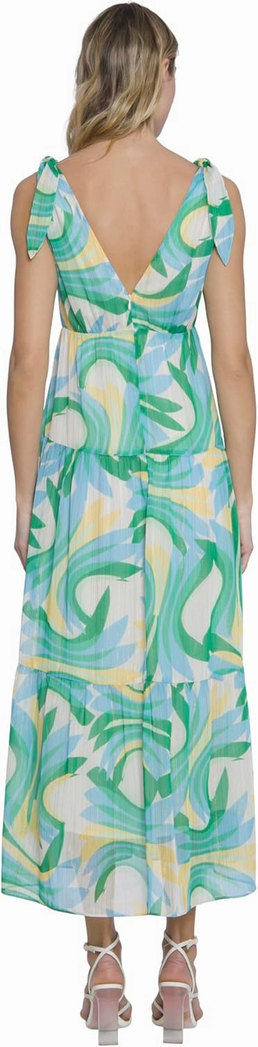 Donna Morgan Glitter Stripe Tiered Maxi with Shoulder Ties | Wedding Guest Dresses for Women