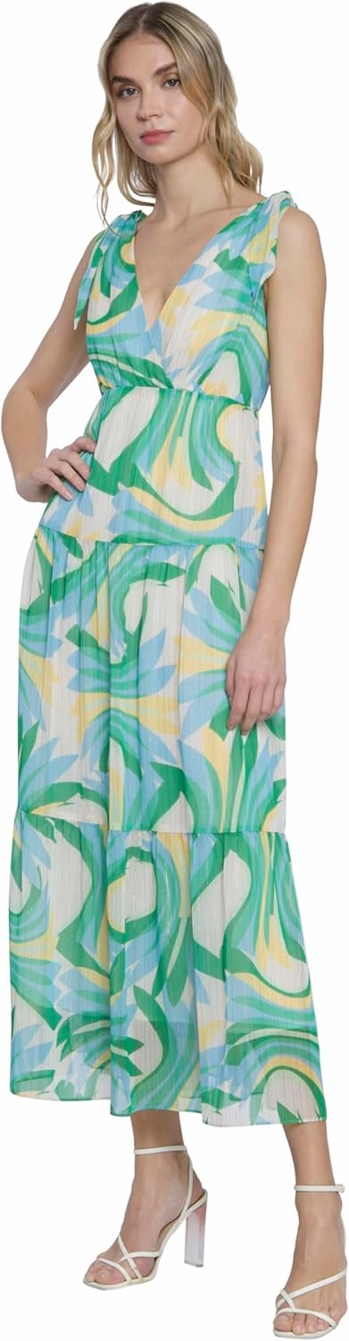 Donna Morgan Glitter Stripe Tiered Maxi with Shoulder Ties | Wedding Guest Dresses for Women