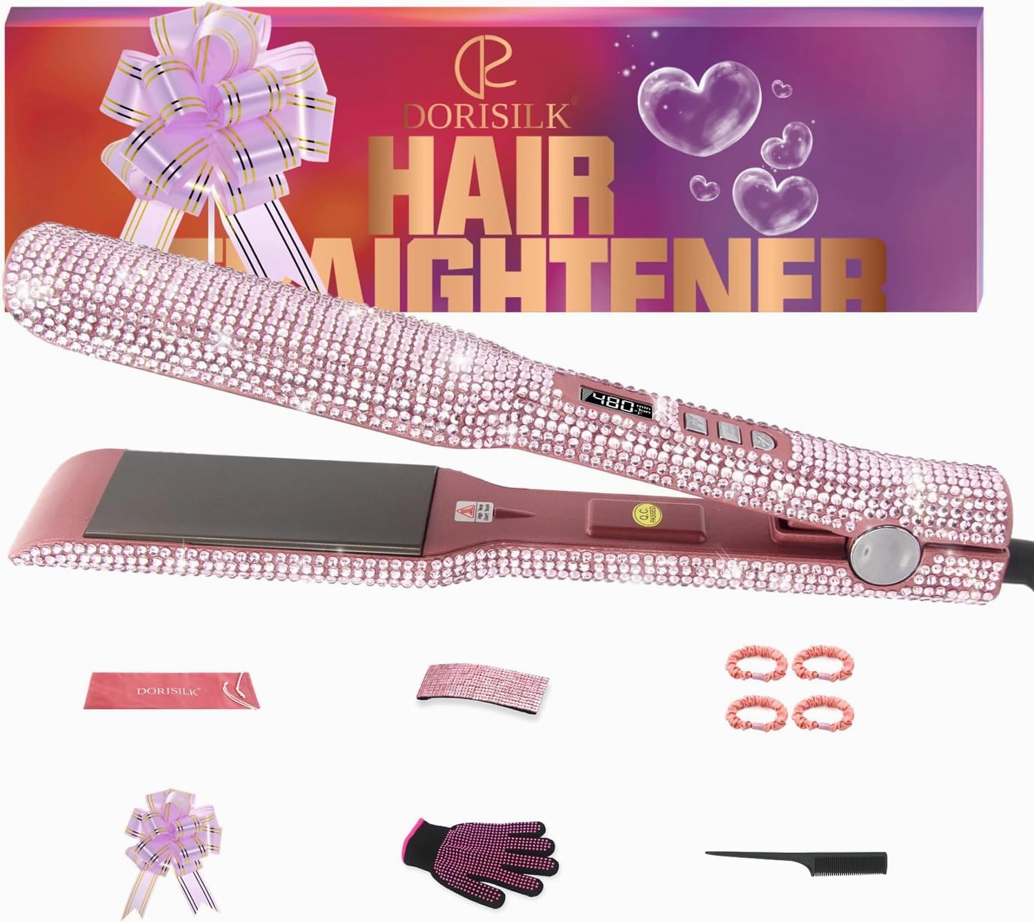 DORISILK 480 Degrees High Temp Hair Straightener, Titanium Flat Iron Rhinestone Straightening Iron, 2 in 1 Straightening Curling Salon Professional Dual Voltage Bling Glitter, 2 Inch Soft Pink