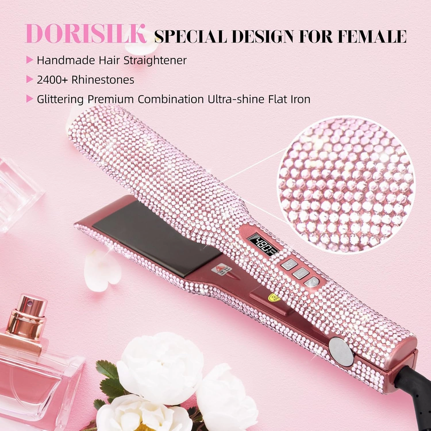 DORISILK 480 Degrees High Temp Hair Straightener, Titanium Flat Iron Rhinestone Straightening Iron, 2 in 1 Straightening Curling Salon Professional Dual Voltage Bling Glitter, 2 Inch Soft Pink