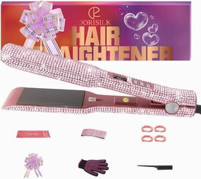 DORISILK 480 Degrees High Temp Hair Straightener, Titanium Flat Iron Rhinestone Straightening Iron, 2 in 1 Straightening Curling Salon Professional Dual Voltage Bling Glitter, 2 Inch Soft Pink