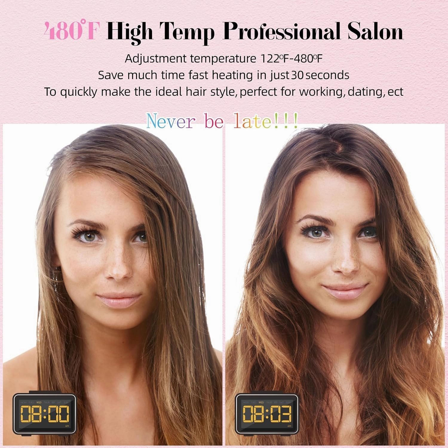 DORISILK 480 Degrees High Temp Hair Straightener, Titanium Flat Iron Rhinestone Straightening Iron, 2 in 1 Straightening Curling Salon Professional Dual Voltage Bling Glitter, 2 Inch Soft Pink