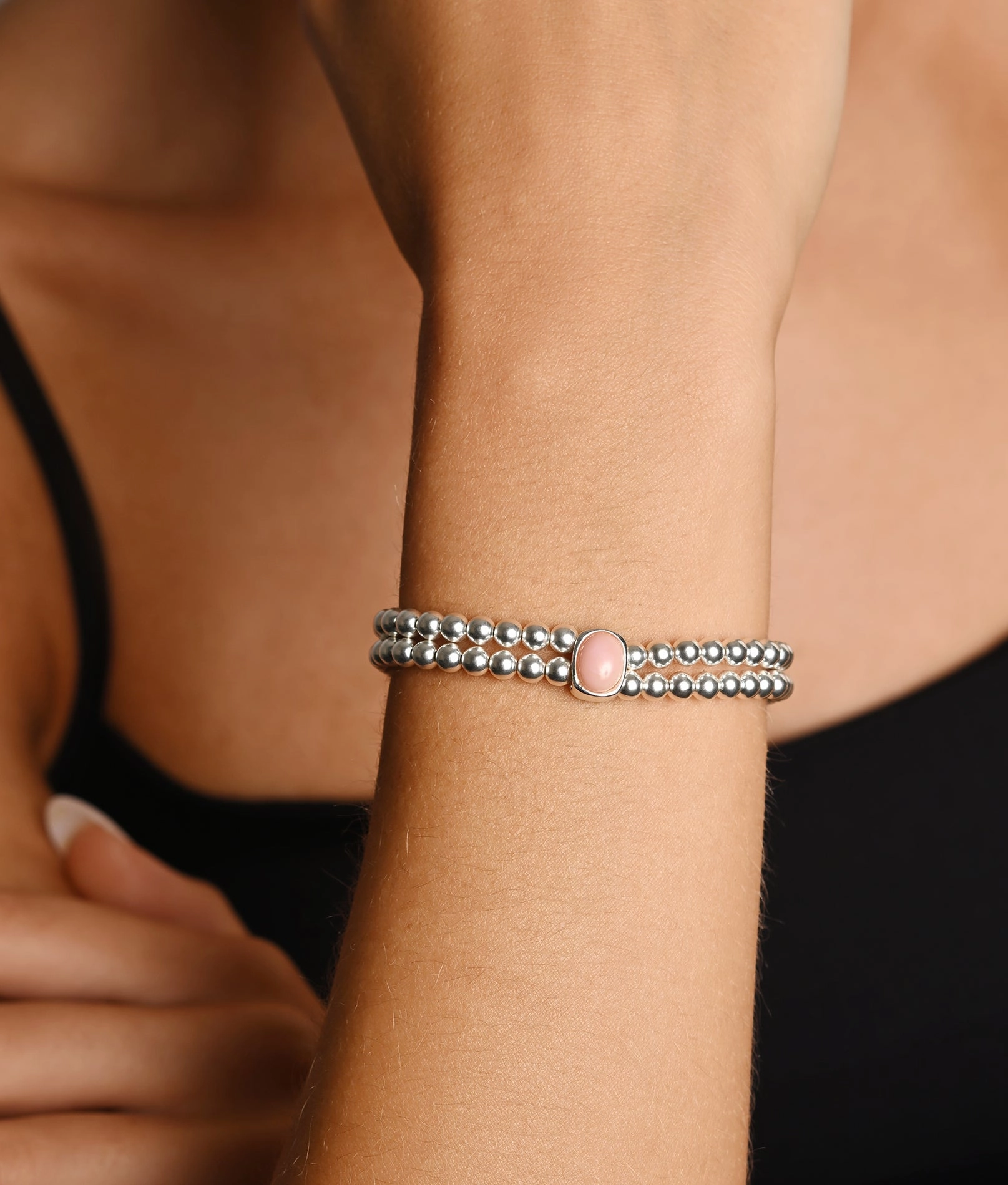 Double Stretchy Bracelet with Oval Pink Opal
