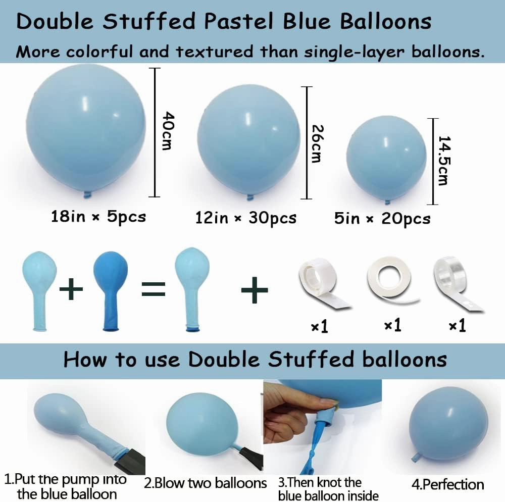Double Stuffed Pastel Blue Balloon Garland Macaron Baby Blue Balloons Different Sizes 18/12/5 Inch Light Blue Latex Balloons Arch Kit For Gender Reveal Birthday Baby Shower Party Decorations