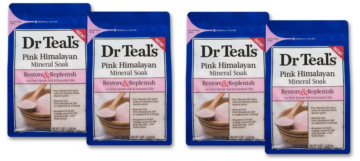 Dr. Teal's Pink Himalayan Soaking Solution Gift Set (4 Pack, 3lbs ea.) - Restore & Replenish with Essential Oils Eases Sore Muscles - Bergamot & Sweet Orange Provide Relief from Stress