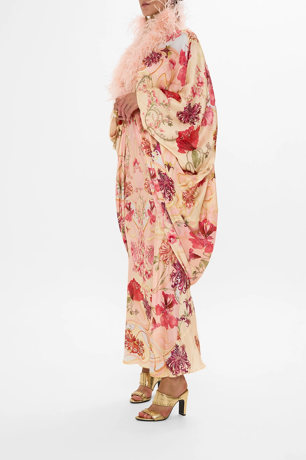 DRAPED BACK LAYER WITH FEATHER COLLAR BLOSSOMS AND BRUSHSTROKES