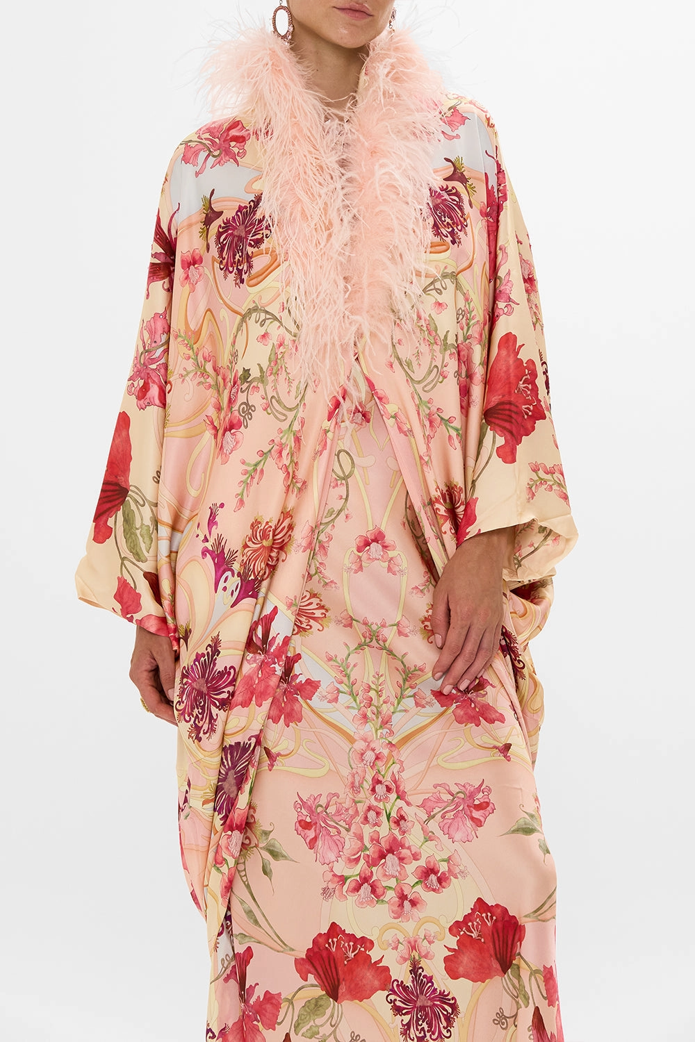 DRAPED BACK LAYER WITH FEATHER COLLAR BLOSSOMS AND BRUSHSTROKES