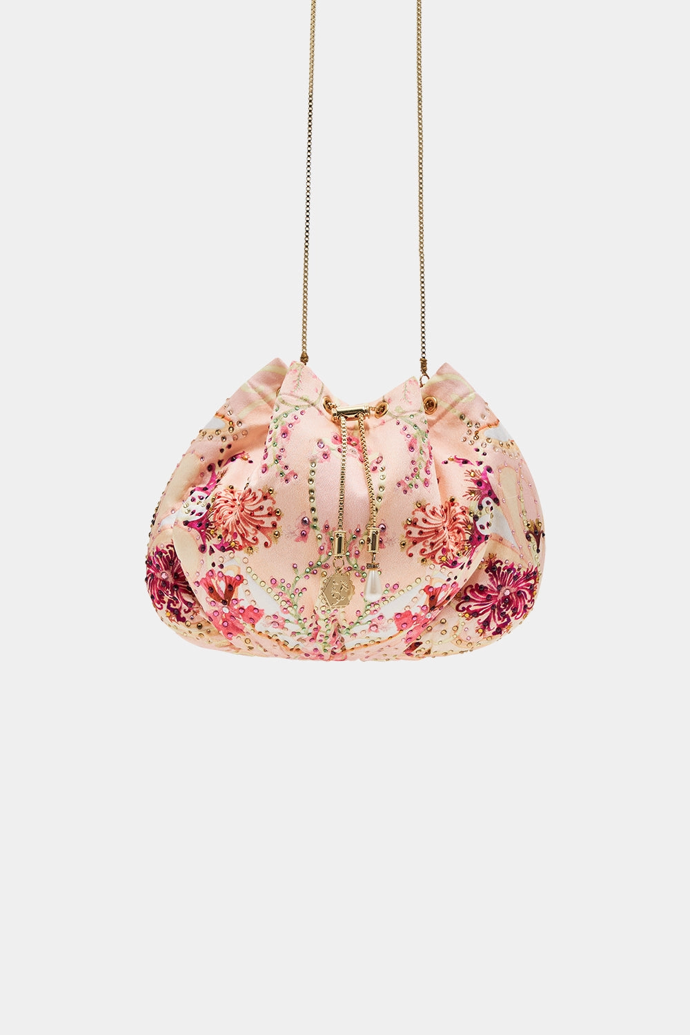DRAWSTRING POUCH WITH CHAIN STRAP BLOSSOMS AND BRUSHSTROKES