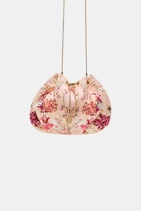DRAWSTRING POUCH WITH CHAIN STRAP BLOSSOMS AND BRUSHSTROKES