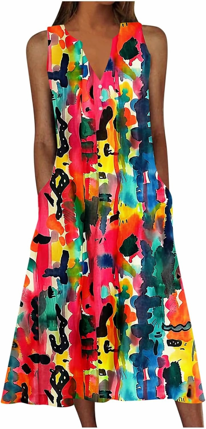 Dresses for Women Summer 2025 Casual Sleeveless Midi Sundress Flowy Plus Size Boho Floral Long Dress with Pockets