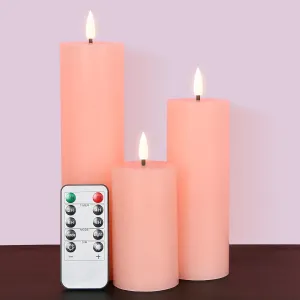 duduta Slim Tall Pink Flameless Pillar Candles with Remote, Real Wax Flickering Battery LED Candles Set of 3 Φ 2" H 4" 6" 8"