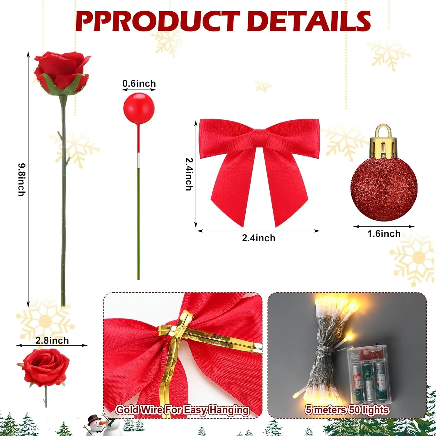 Duraaamo 133 Pcs Rose Christmas Tree Decoration Set Include Faux Rose Artificial Berries Christmas Balls Ribbon Bows 16.4 ft 50 LED String Lights for Holiday Decor (Small)