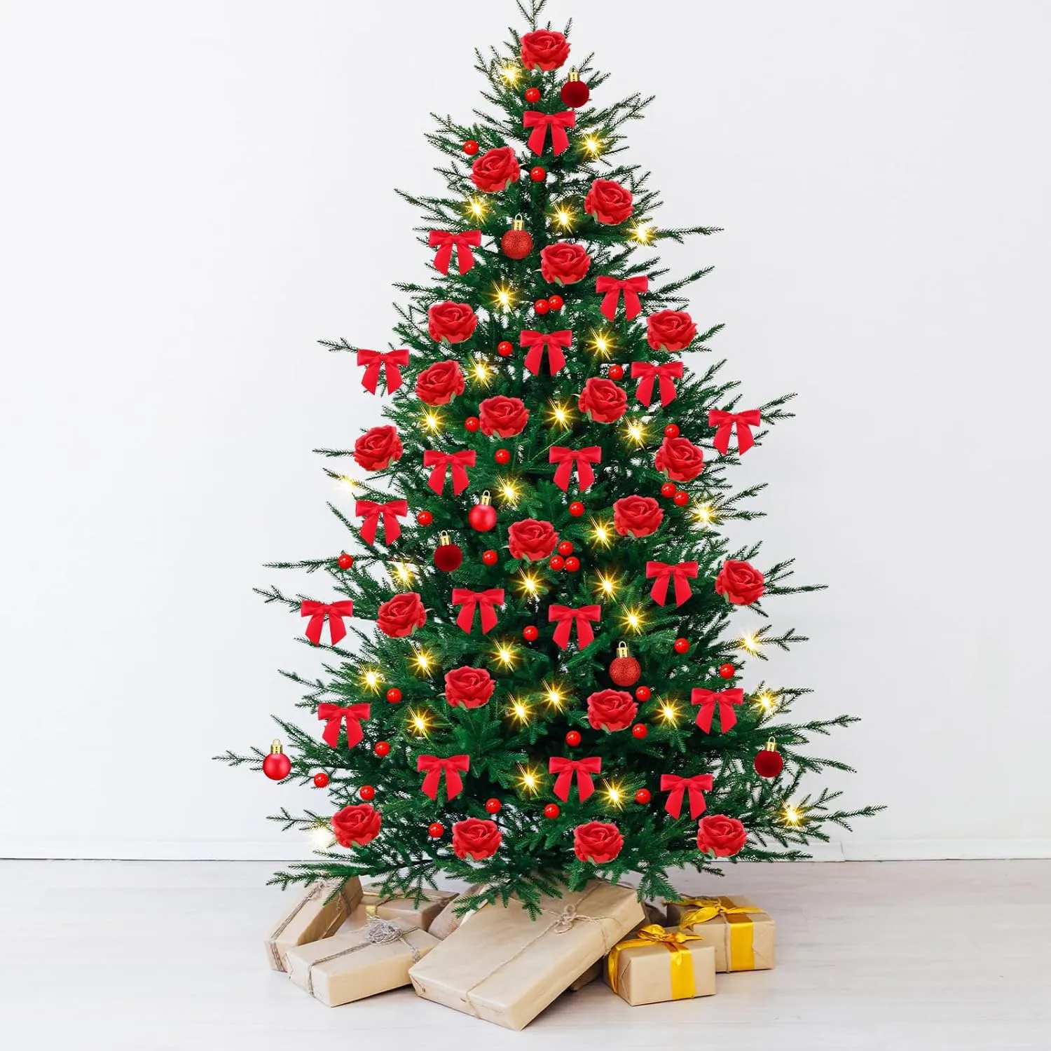 Duraaamo 133 Pcs Rose Christmas Tree Decoration Set Include Faux Rose Artificial Berries Christmas Balls Ribbon Bows 16.4 ft 50 LED String Lights for Holiday Decor (Small)