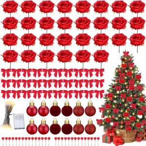 Duraaamo 133 Pcs Rose Christmas Tree Decoration Set Include Faux Rose Artificial Berries Christmas Balls Ribbon Bows 16.4 ft 50 LED String Lights for Holiday Decor (Small)
