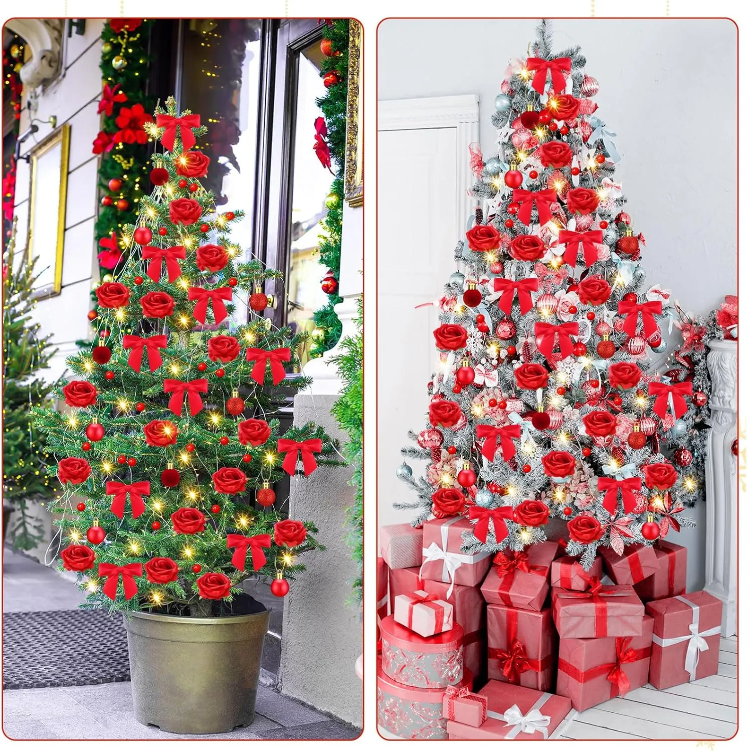 Duraaamo 133 Pcs Rose Christmas Tree Decoration Set Include Faux Rose Artificial Berries Christmas Balls Ribbon Bows 16.4 ft 50 LED String Lights for Holiday Decor (Small)