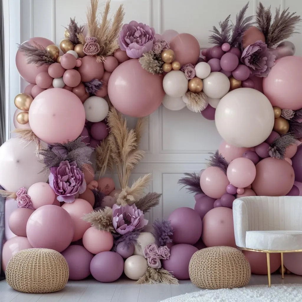 Dusty Purple Pink Balloon Garland Double Stuffed Boho Lavender Sand White Balloon Pastel Pink Lilac Gold Balloons Arch Kit for Wedding Birthday Bridal Baby Shower Floral Butterfly Party Decoration