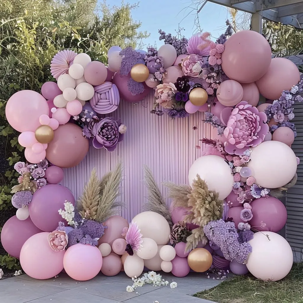 Dusty Purple Pink Balloon Garland Double Stuffed Boho Lavender Sand White Balloon Pastel Pink Lilac Gold Balloons Arch Kit for Wedding Birthday Bridal Baby Shower Floral Butterfly Party Decoration