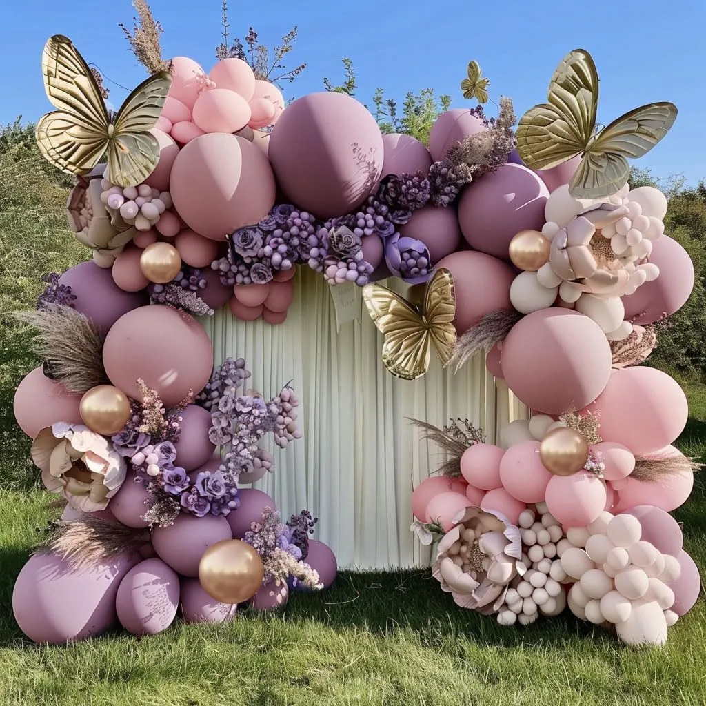Dusty Purple Pink Balloon Garland Double Stuffed Boho Lavender Sand White Balloon Pastel Pink Lilac Gold Balloons Arch Kit for Wedding Birthday Bridal Baby Shower Floral Butterfly Party Decoration