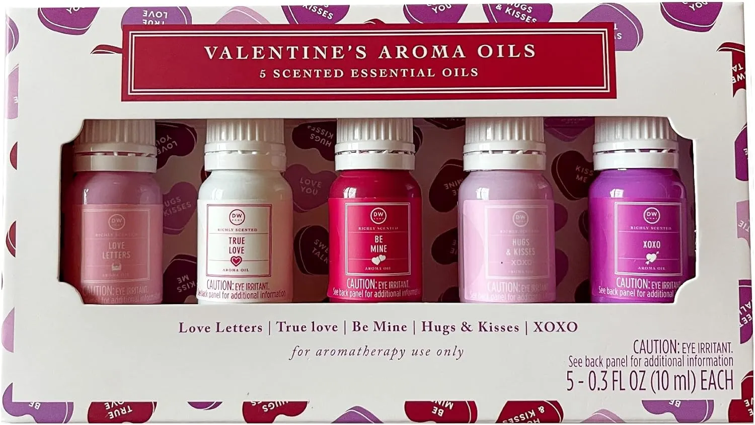 DW Candle Home Gift Set of Valentine's Aroma Oils, 5 Scented Essential Oils - Love Letters. True Love, Be Mine, Hugs & Kisses, and XOXO, Each 0.3 fl oz