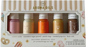 DW Candle Home Gift Set of Aroma Oils, 5 Scented Essential Oils - Cotton Candy, Cinnamon Sugar Pretzel, Peach Rings, Caramel Popcorn, and Fizzy Cola, Each 0.3 fl oz
