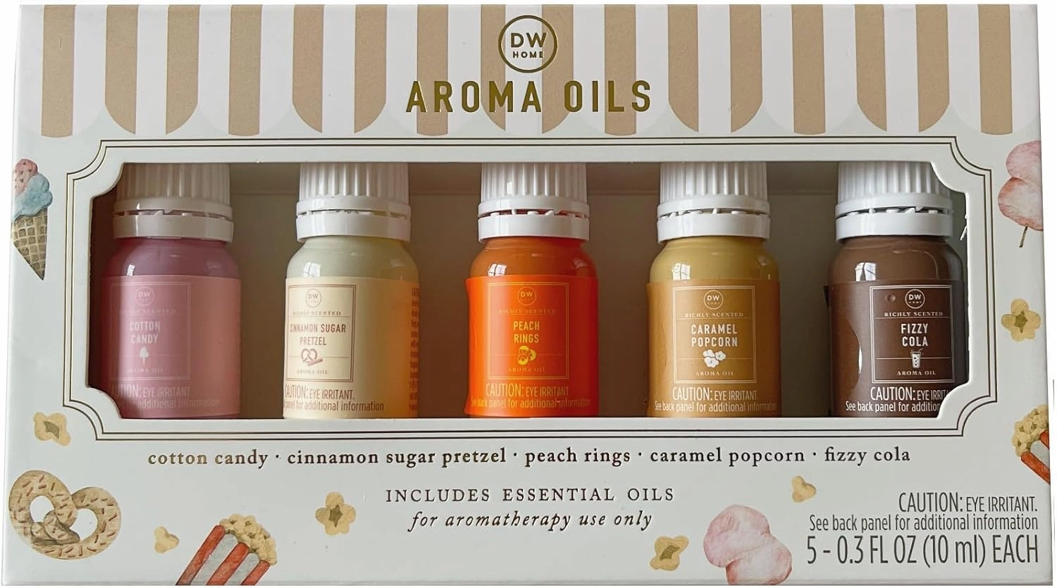 DW Candle Home Gift Set of Aroma Oils, 5 Scented Essential Oils - Cotton Candy, Cinnamon Sugar Pretzel, Peach Rings, Caramel Popcorn, and Fizzy Cola, Each 0.3 fl oz