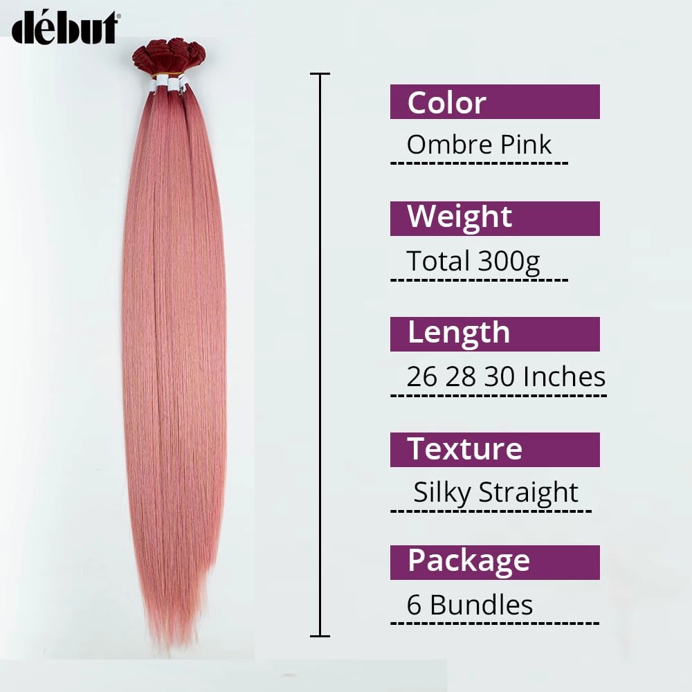 DÉBUT Long Straight Hair 6 Bundles 26 28 30 Inches High Temperature Fiber 300g for Full Head Synthetic Hair Weave Ombre Red to Pink