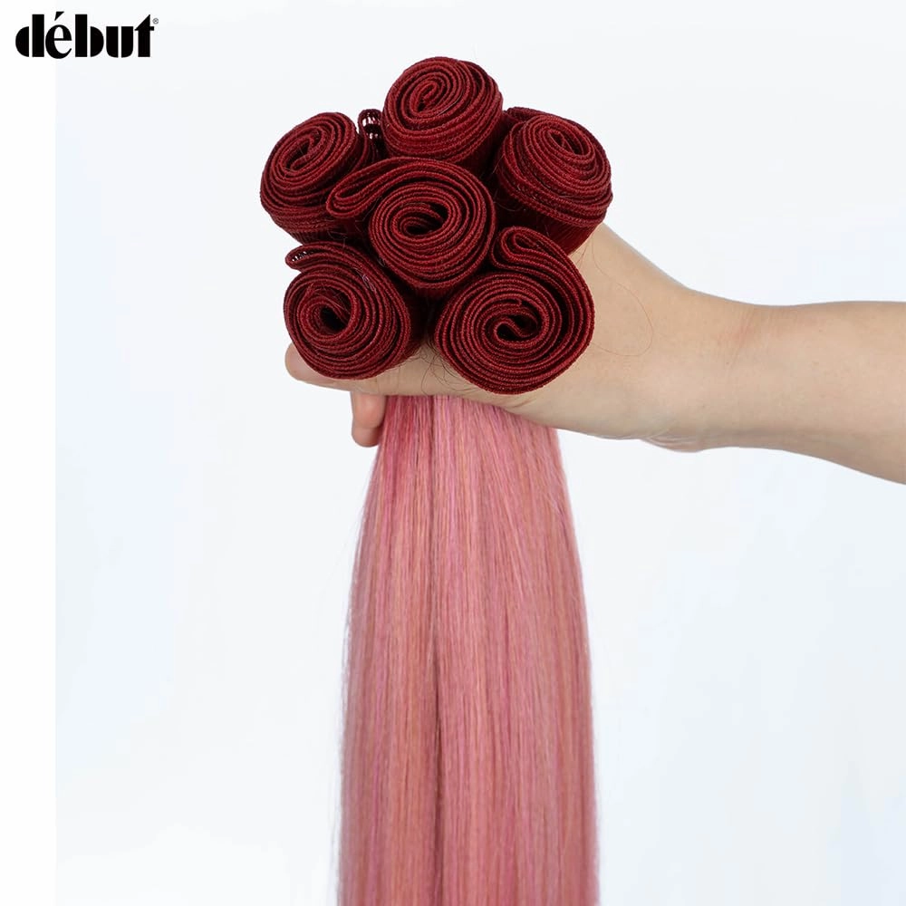 DÉBUT Long Straight Hair 6 Bundles 26 28 30 Inches High Temperature Fiber 300g for Full Head Synthetic Hair Weave Ombre Red to Pink