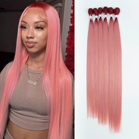 DÉBUT Long Straight Hair 6 Bundles 26 28 30 Inches High Temperature Fiber 300g for Full Head Synthetic Hair Weave Ombre Red to Pink