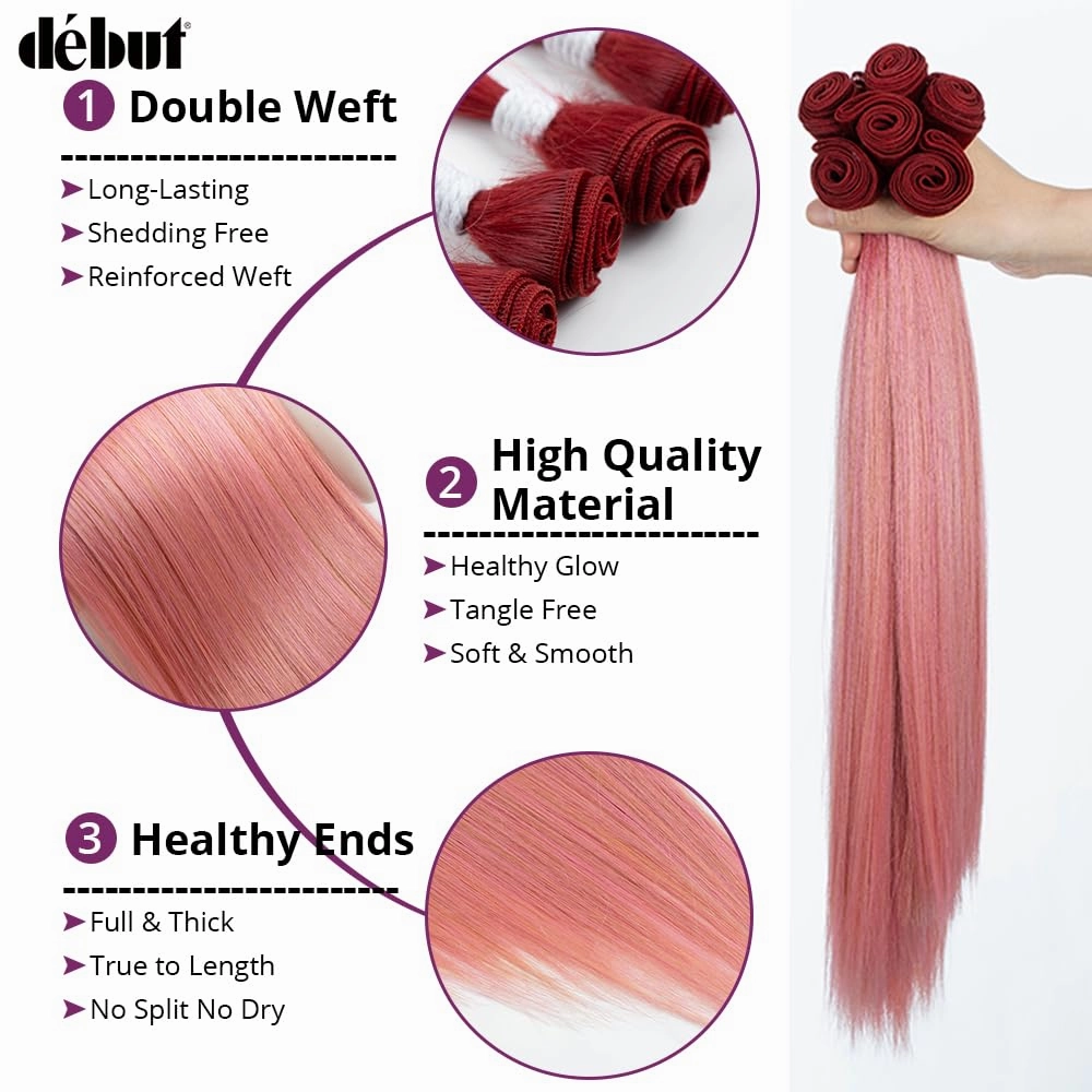 DÉBUT Ombre Red to Pink Synthetic Silky Straight 6 Bundles with Lace Front Closure 26 28 30 Inches Long Straight Hair Bundles Weave with Hand-Tied Middle Parting Lace Closure Ombre Pink