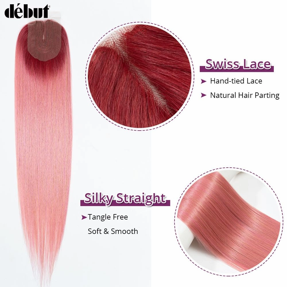 DÉBUT Ombre Red to Pink Synthetic Silky Straight 6 Bundles with Lace Front Closure 26 28 30 Inches Long Straight Hair Bundles Weave with Hand-Tied Middle Parting Lace Closure Ombre Pink