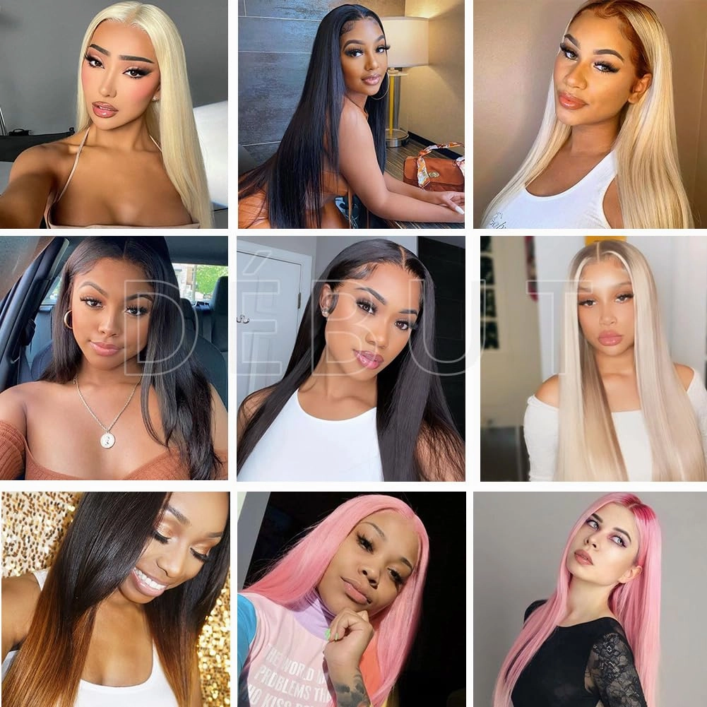 DÉBUT Ombre Red to Pink Synthetic Silky Straight 6 Bundles with Lace Front Closure 26 28 30 Inches Long Straight Hair Bundles Weave with Hand-Tied Middle Parting Lace Closure Ombre Pink
