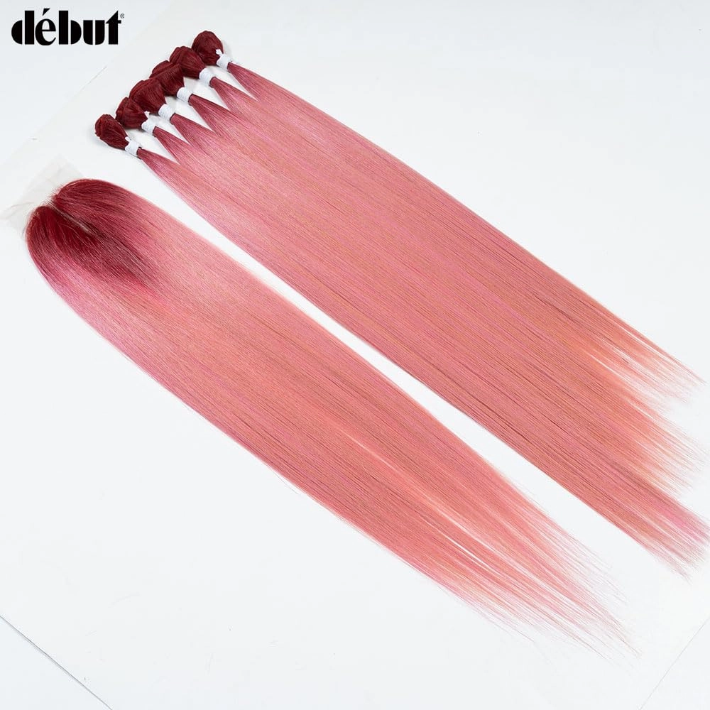 DÉBUT Ombre Red to Pink Synthetic Silky Straight 6 Bundles with Lace Front Closure 26 28 30 Inches Long Straight Hair Bundles Weave with Hand-Tied Middle Parting Lace Closure Ombre Pink