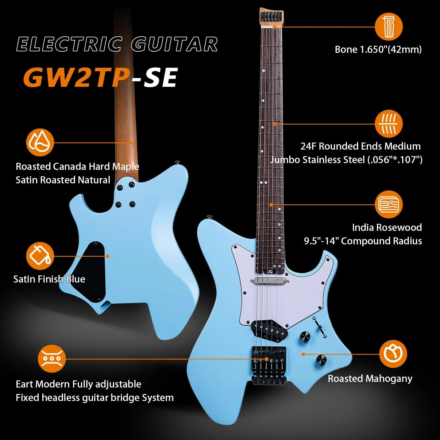 EART GW2TP-SE Lightweight Headless Electric Guitar, Solid Electric Guitar, Roasted Mahogany Body, Custom Artones-TSE pickups with Guard, Satin Finish