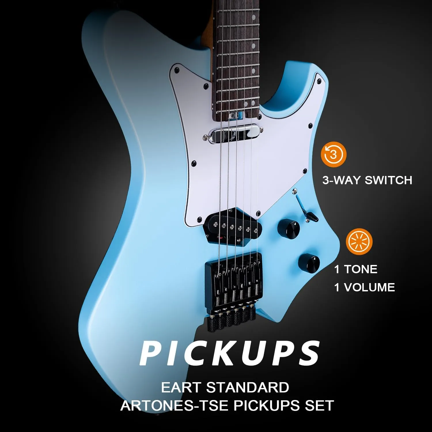 EART GW2TP-SE Lightweight Headless Electric Guitar, Solid Electric Guitar, Roasted Mahogany Body, Custom Artones-TSE pickups with Guard, Satin Finish