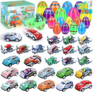 Easter Eggs Toy Cars Planes - 24 pcs Pullback Cars and Planes,Plastic Easter Eggs with Patterns, Kids Easter Party Favors Gifts Classroom Prize Basket Stuffer