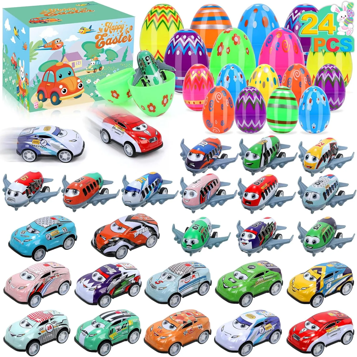 Easter Eggs Toy Cars Planes - 24 pcs Pullback Cars and Planes,Plastic Easter Eggs with Patterns, Kids Easter Party Favors Gifts Classroom Prize Basket Stuffer