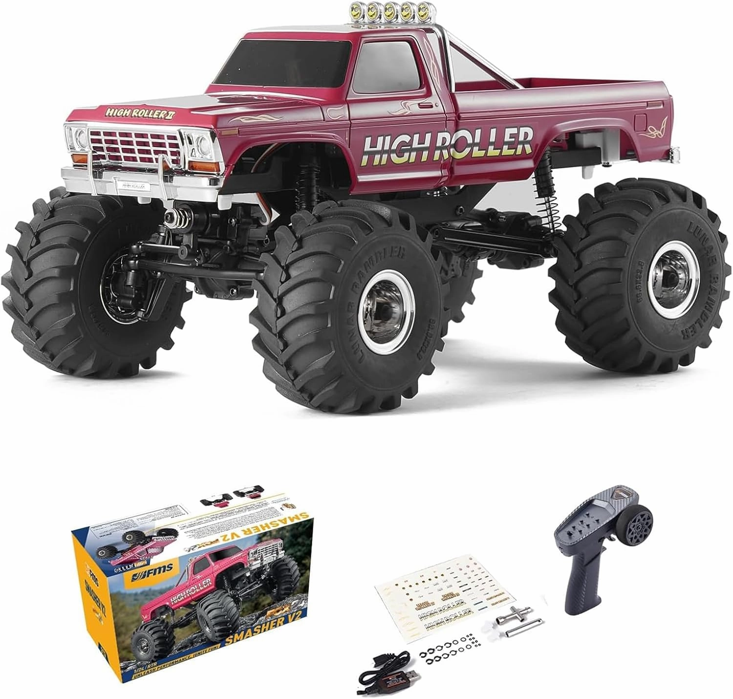 EAZYRC X FMS Fcx24 Smasher 1/24 RC Crawler RTR, RC Monster Truck 4x4, 8  kph 2-speeds Transmission Off-Road with USB Charger and 2.4Ghz Remote Control for Adult (red)