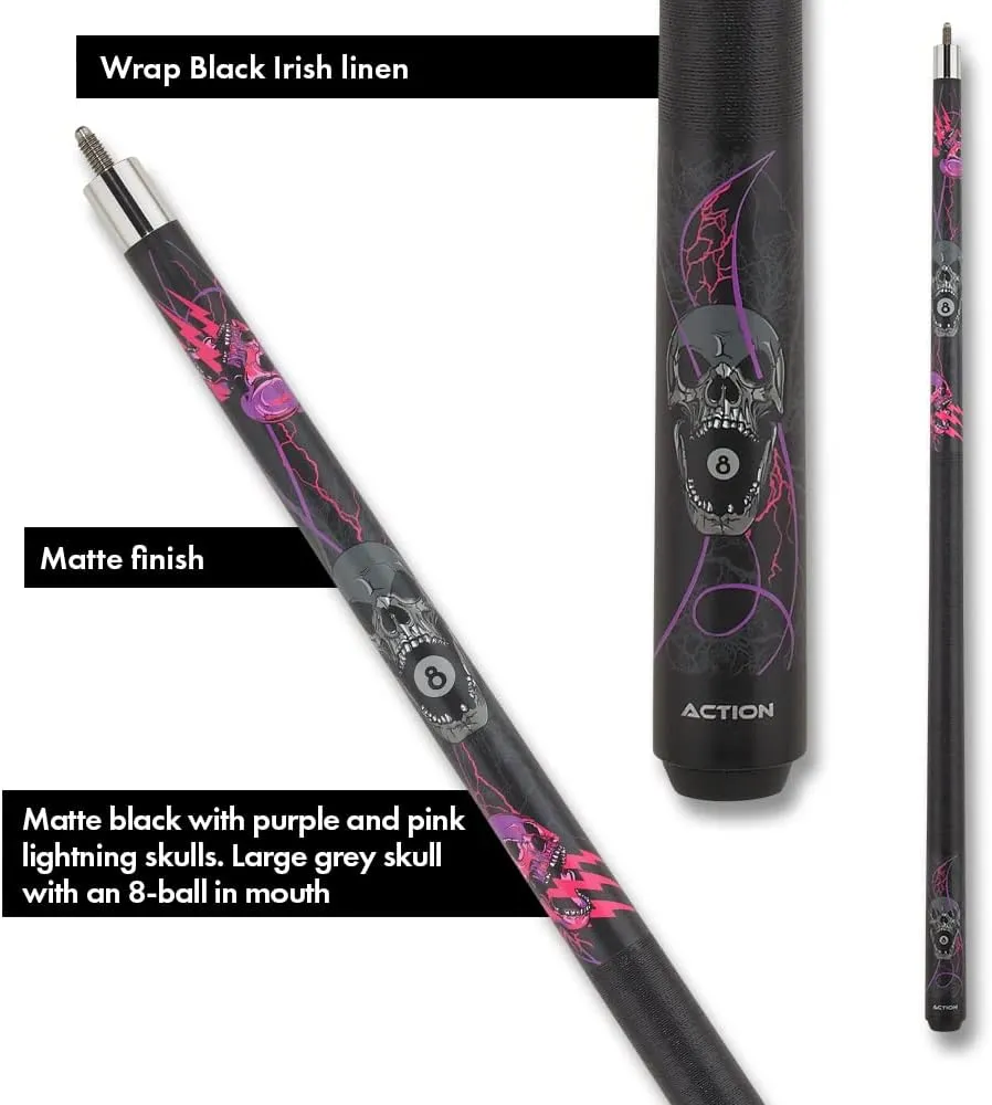 EBM22 Pool Cue - Matte Black, Purple and Pink Lightening Skulls and Grey Skull w/an 8-Ball in Mouth Design