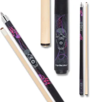 EBM22 Pool Cue - Matte Black, Purple and Pink Lightening Skulls and Grey Skull w/an 8-Ball in Mouth Design