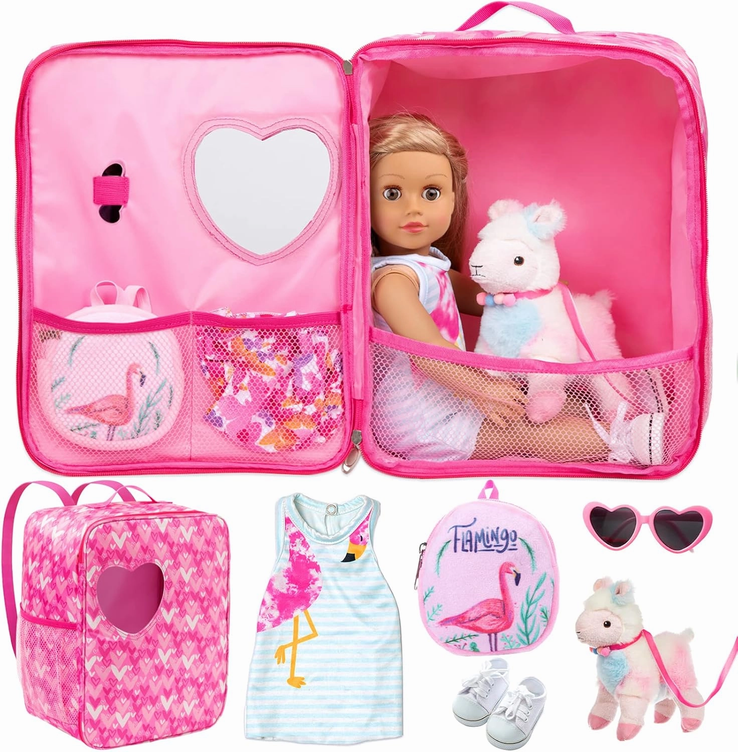 Ecore Fun 18 Inch Girl Doll Carrier Bag with Doll Clothes and Accessories,Including Dress, White Cloth Doll Shoes ,Doll Backpack, Sunglasses, Toy Lamb