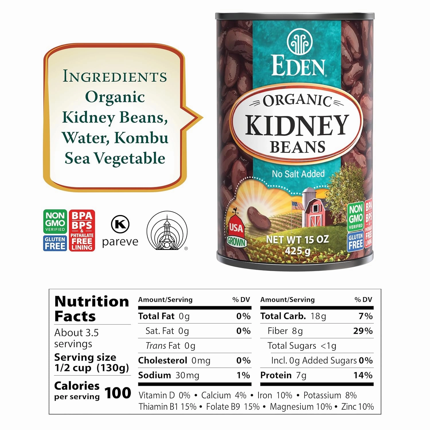 Eden Organic Red Kidney Beans, 15 oz Can, No Salt Added, Non-GMO, U.S. Grown, Heat and Serve, Macrobiotic, Red Beans (12-Pack)