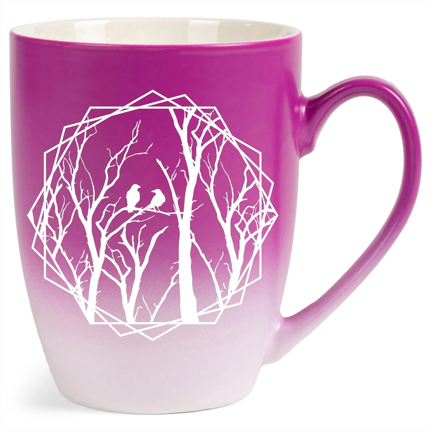 Elanze Designs Birds and Branches Two Toned Ombre Matte Pink and White 12 ounce Ceramic Stoneware Coffee Cup Mug