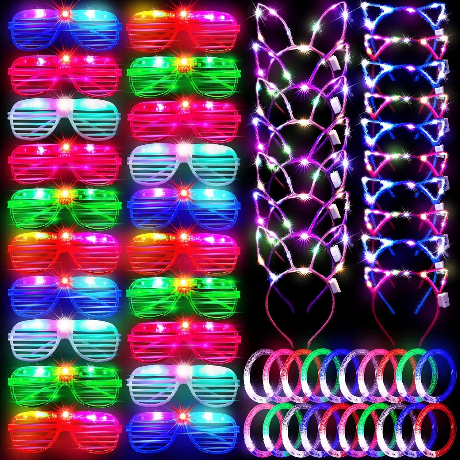 Elcoho 60 Pieces Glow in the Dark Party Supplies LED Light Up Toy Party Favors Includes 20 LED Shutter Glasses, 20 Glow Headbands, 20 LED Glow Bracelets, Neon Party Favors for Glow Party, Birthday
