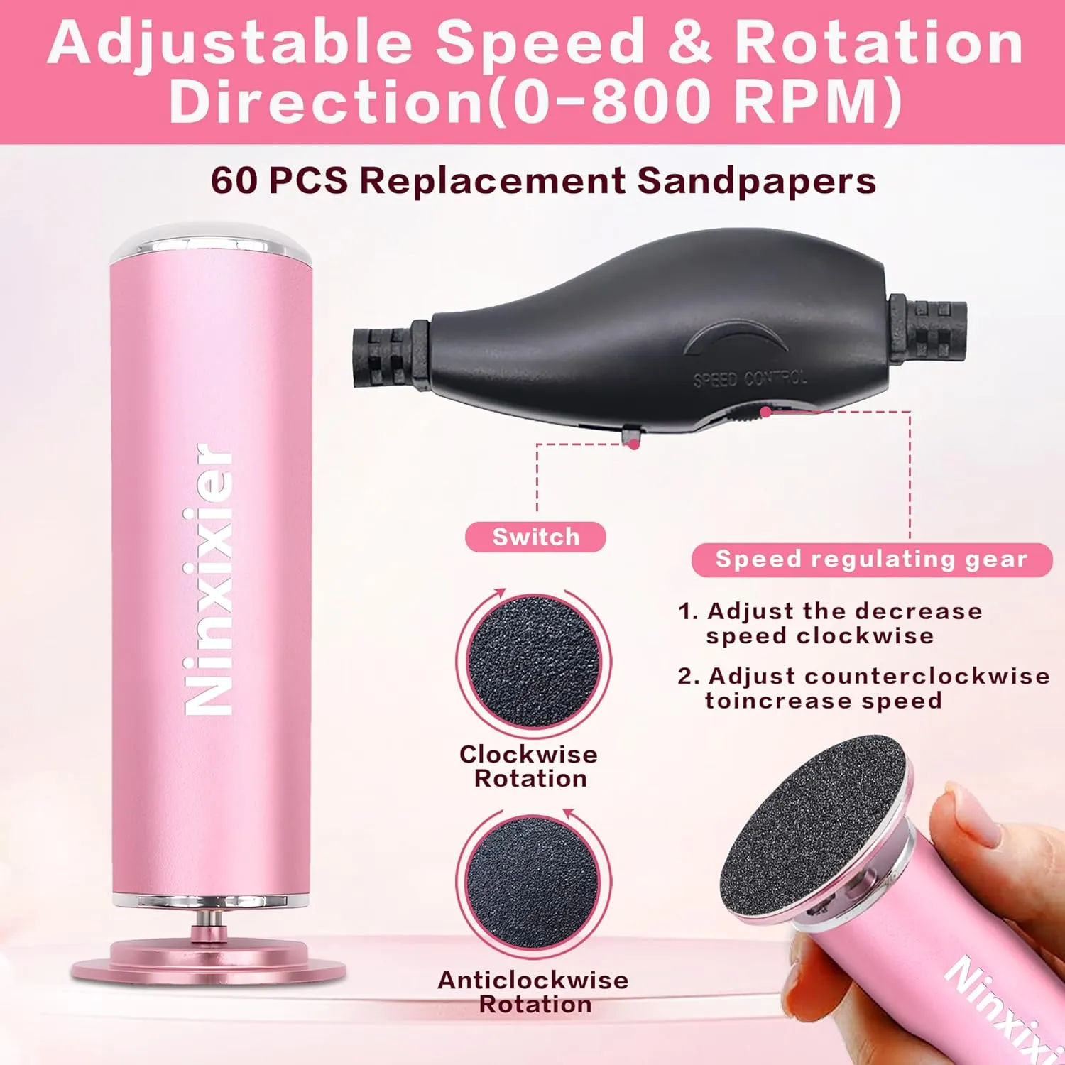 Electric Foot Callus Remover, Electric Foot File for Feet Pedicure Tool, with Adjustable Speed 60 Pcs Sandpaper Discs and Dust Brush, Callus Remover Grinder for Dead Dry Crack Skin Men Women - Pink