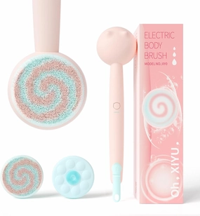 Electric Back Scrubber for Shower Body Brush, Automatic Body Scrubber for Cleansing and Massaging, Rechargeable Bath Brush with 2 Brush Heads, 3 Speeds & Waterproof, Berry Pink