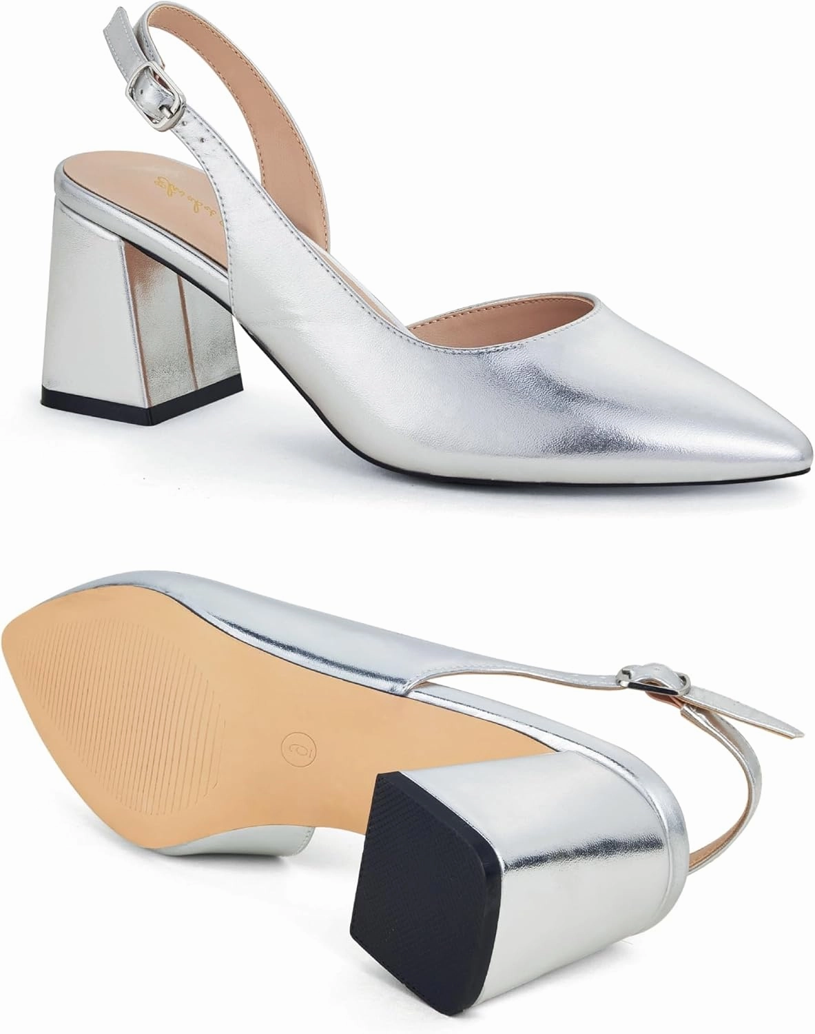 Elisabet Tang Women's Pumps Slingback 2 Inches Block Chunky Heels with Closed Pointed Toe Thick Low Pumps Wedding Party Prom Dating Casual Work Dressy Black Silver Gold Glitter Hot Pink