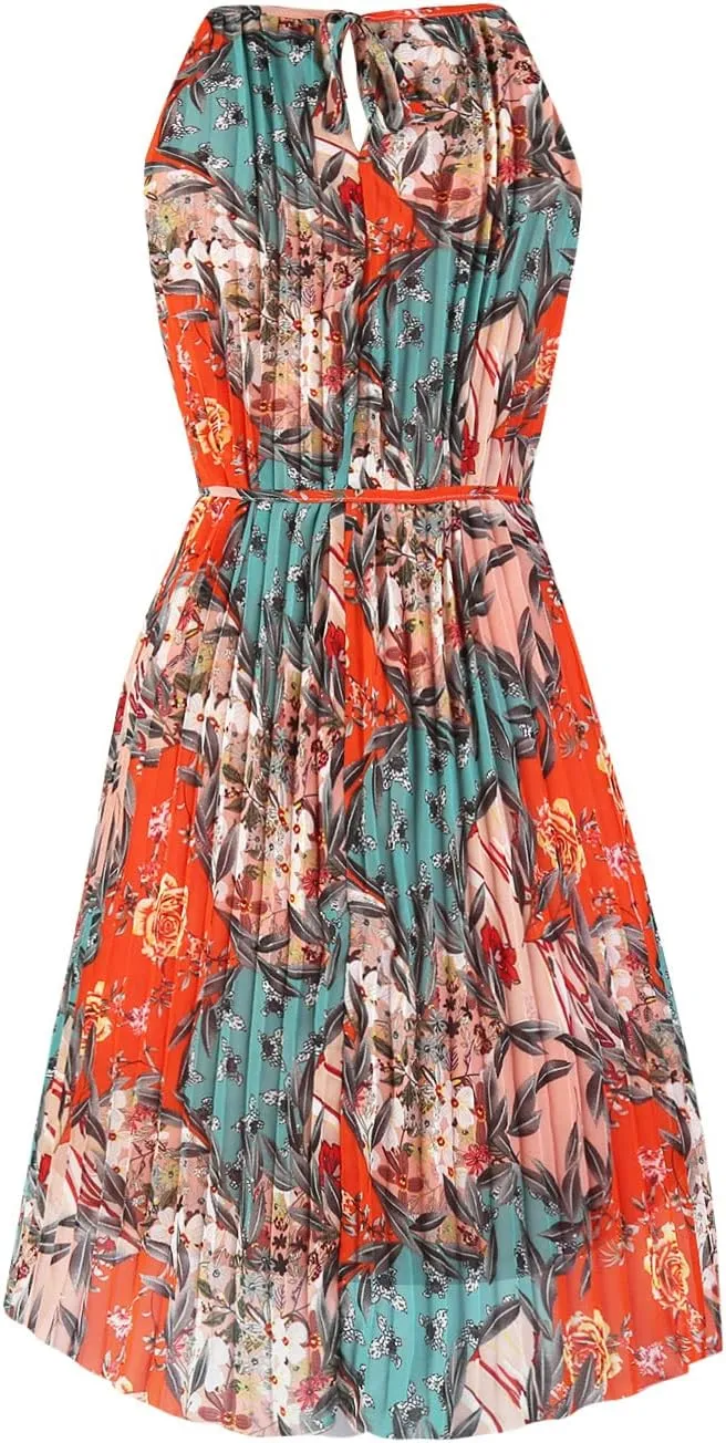 Ellames Women's 2024 Summer Spaghetti Strap Pleated Casual Swing Dress with Belt