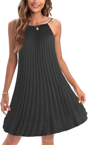 Ellames Women's 2024 Summer Spaghetti Strap Pleated Casual Swing Dress with Belt