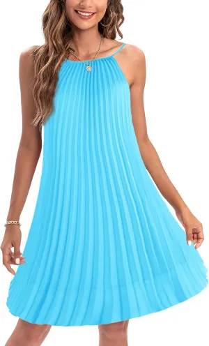 Ellames Women's 2024 Summer Spaghetti Strap Pleated Casual Swing Dress with Belt
