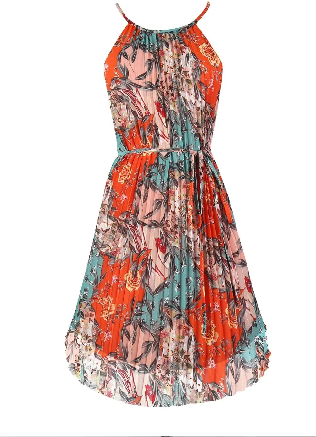 Ellames Women's 2024 Summer Spaghetti Strap Pleated Casual Swing Dress with Belt
